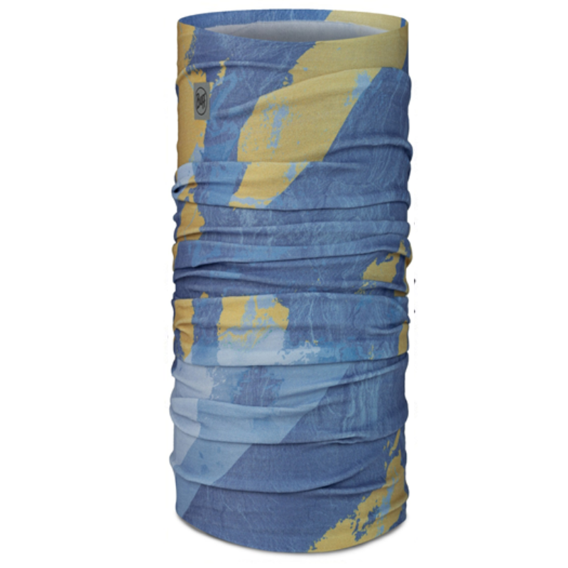 La bandana Buff ThermoNet Surib Multi presenta un diseño abstracto en azul y amarillo. Su tejido cilíndrico fruncido sin costuras ofrece un uso versátil como bufanda o polaina para el cuello.