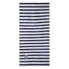 La bandana Buff Original EcoStretch Roader Dusty Blue presenta rayas horizontales de color azul marino y blanco con un logotipo en la esquina inferior, ideal para aventuras en la carretera.