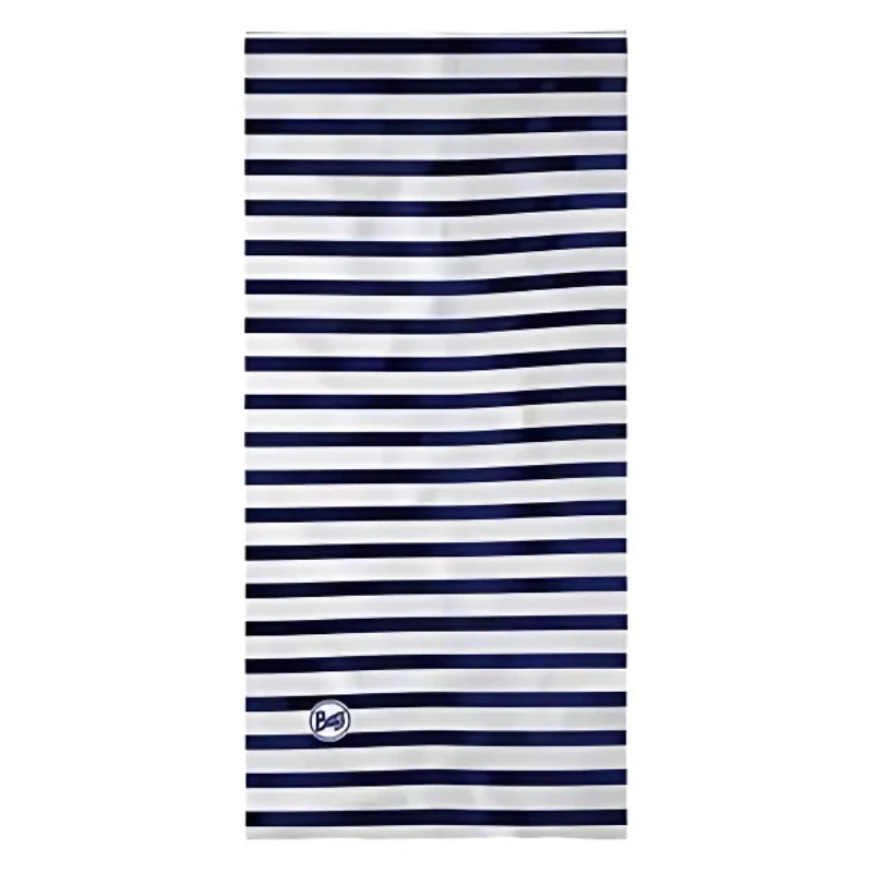 La bandana Buff Original EcoStretch Roader Dusty Blue presenta rayas horizontales de color azul marino y blanco con un logotipo en la esquina inferior, ideal para aventuras en la carretera.