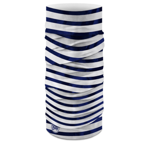 La bandana Buff Original EcoStretch Roader Dusty Blue (copia) presenta un diseño sin costuras con rayas alternadas en azul marino y blanco. Su estilo fruncido garantiza comodidad y el icónico logotipo de Buff en la parte inferior agrega un toque elegante para cualquier ciclista que busque una prenda versátil.