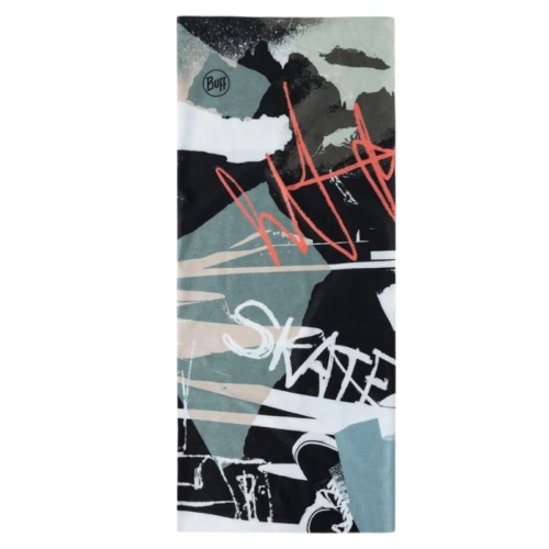 Presentamos la vibrante Bandana Buff Original EcoStretch Riverhawkmulti, una prenda para el cuello rectangular que presenta patrones abstractos en negro, blanco, gris y verde azulado con garabatos rojos y blancos estilo grafiti que muestran con orgullo la palabra "SKATE", perfecta para aquellos que abrazan su riverhawk interior.