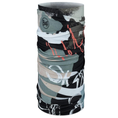 La bandana Buff Original EcoStretch Riverhawkmulti (copia) es una prenda para la cabeza tubular, multifuncional y sin costuras, con estampados abstractos en negro, blanco, gris y naranja. Se puede usar como polaina para el cuello o como banda para la cabeza.