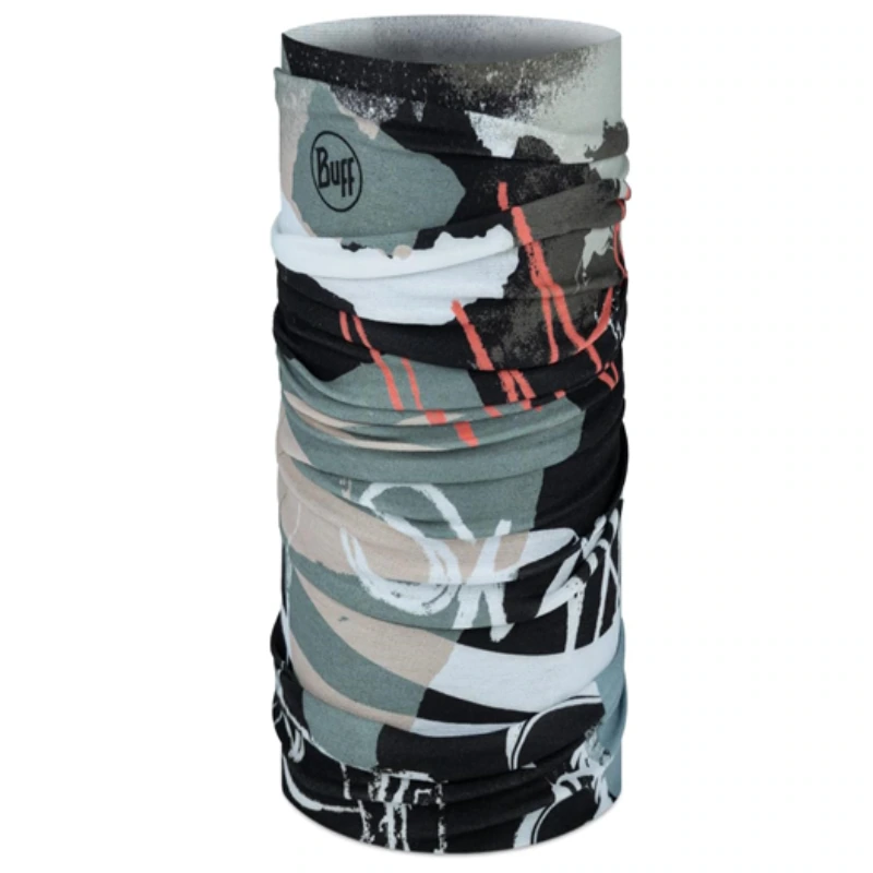 La bandana Buff Original EcoStretch Riverhawkmulti (copia) es una prenda para la cabeza tubular, multifuncional y sin costuras, con estampados abstractos en negro, blanco, gris y naranja. Se puede usar como polaina para el cuello o como banda para la cabeza.