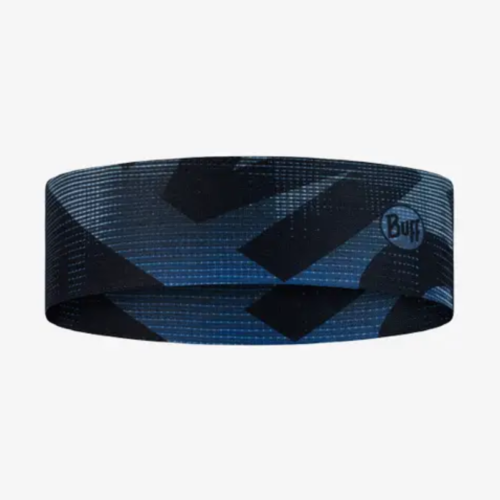 La diadema Cinta Buff CoolNet UV Wide Ater Teal presenta un patrón geométrico azul y negro audaz con un pequeño logotipo "Buff" en el costado.
