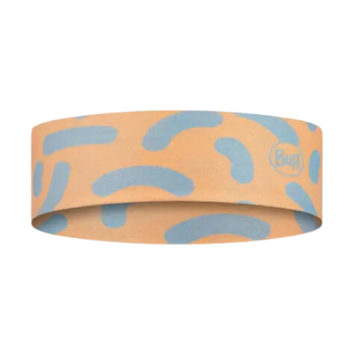 La Cinta Buff CoolNet UV Slim Tasie Multi presenta formas abstractas de color azul claro sobre un fondo naranja, con un pequeño logotipo circular en el lateral.