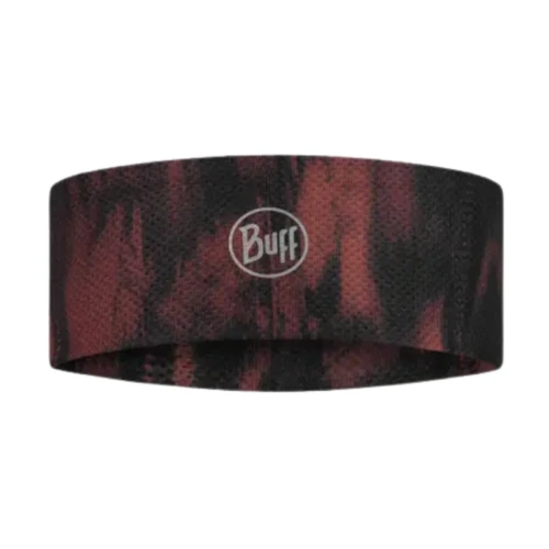 La cinta para la cabeza Cinta Buff CoolNet UV Slim Sishpink Fluor cuenta con un diseño abstracto en rojo oscuro y negro con un acabado texturizado. Un sutil logotipo circular blanco con la palabra "Buff" en el centro le agrega un toque elegante a tu ropa deportiva.