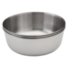 Un bol para mezclar de acero inoxidable brillante con una superficie lisa y pulida se encuentra vacío sobre un fondo blanco. Su diseño simple y reflectante evoca la durabilidad del Plato MSR Alpine (copia), que recuerda a una serena cocina de montaña en la cima del mundo imaginado por Platón.