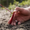 Una mano clava una estaca de marmota de MSR en el suelo, con una cuerda roja atada. El fondo ligeramente borroso sugiere un entorno al aire libre entre follaje verde. Un anillo en el dedo de la persona enfatiza la utilidad y el estilo en esta escena de campamento.