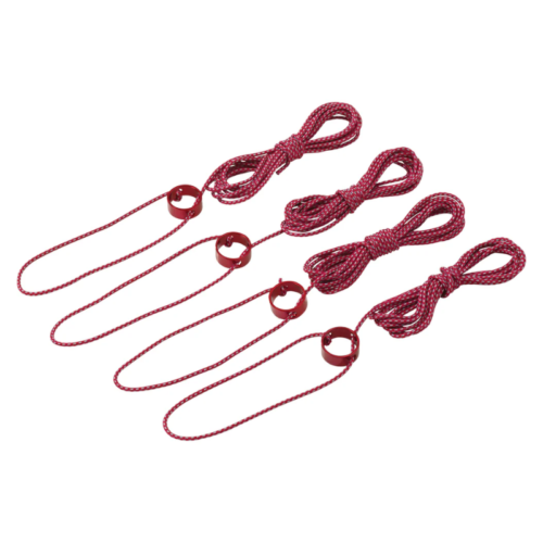 Cinco cuerdas rojas enrolladas tienen bucles en un extremo y tensores de plástico rojos, probablemente utilizados para asegurar la estaca Estaca MSR Blizzard (copia). Cada cuerda está cuidadosamente enrollada con tensores espaciados, dispuestos en paralelo para lograr precisión y funcionalidad.