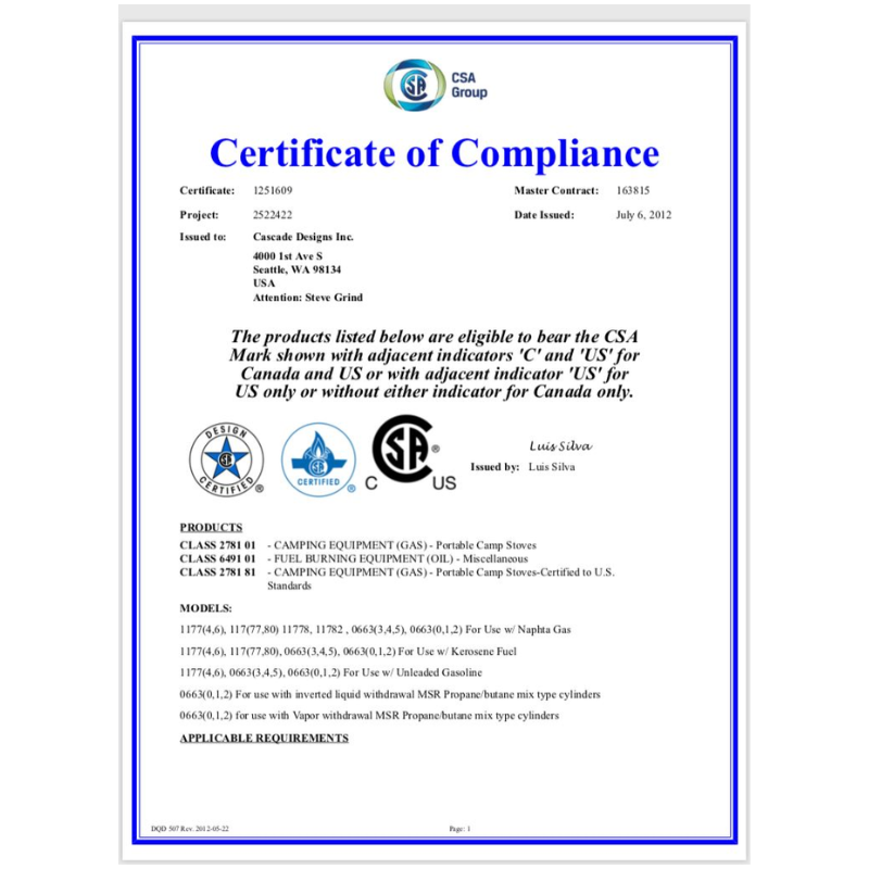 El Certificado de conformidad de CSA Group para Cascade Designs Inc. cubre las clases de equipos para acampar y quemar combustible, y presenta el modelo Cocinilla MSR WhisperLite Universal. Certificado para EE. UU. y Canadá, el documento con fecha del 6 de julio de 2012 incluye firmas.