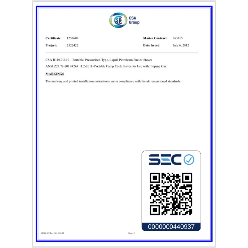 Un documento de certificación de CSA Group con un código QR en la esquina inferior derecha verifica el cumplimiento de las estufas portátiles presurizadas alimentadas con petróleo líquido, como la Cocinilla MSR WhisperLite Universal, según las normas ANSI Z21.72-2011/CSA 11.2-2011, con fecha del 6 de julio de 2012.