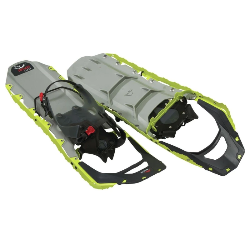 Las raquetas de nieve MSR Revo Ascent 25, con un marco gris y verde neón y fijaciones negras, están diseñadas para senderismo invernal o trekking en la nieve. Ofrecen excelentes puntos de tracción para conquistar fácilmente los terrenos nevados. El producto también se conoce como Raquetas de Nieve MSR Revo Ascent 25 (copia).