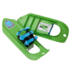 Las Raquetas de Nieve MSR Shift Juvenil (Copia) de plástico verde cuentan con correas ajustables de color azul y un símbolo de copo de nieve en la superficie, ideal para actividades de nieve para niños.