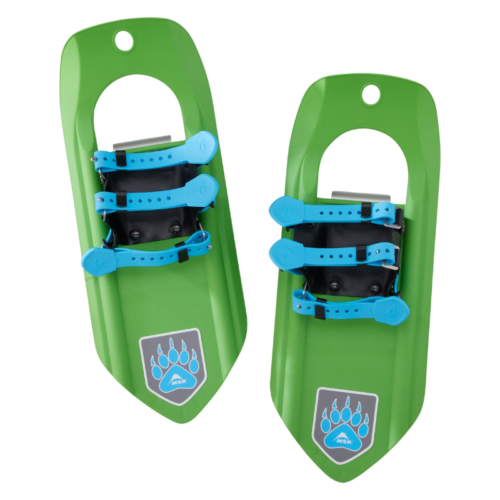 Un par de raquetas de nieve MSR Shift Juvenil (copia) en color verde con correas azules, que muestran un divertido diseño de huellas de patas.