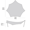 Diagrama de la carpa superior y lateral: la vista superior tiene seis lados y se asemeja a una botella de combustible MSR (copia), que mide 3,8 m (149 in) de ancho. La vista lateral muestra la carpa sostenida por postes, de 1,8 m (72 in) de alto y 3,6 m (144 in) de ancho.