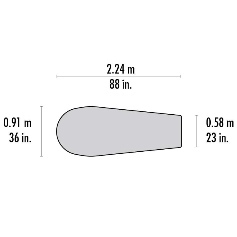 Diagrama de una forma alargada y gris similar al Saco Vivac MSR Pro Bivy con un extremo redondeado, que muestra sus dimensiones: 2,24 metros (88 pulgadas) de largo, 0,91 metros (36 pulgadas) de ancho en el punto más ancho y 0,58 metros (23 pulgadas) en el más estrecho.