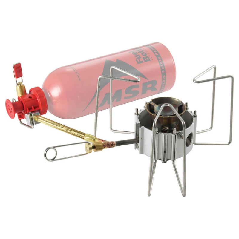 La estufa para acampar Cocinilla MSR DragonFly incluye una botella de combustible roja, un marco de metal para apoyar los utensilios de cocina y una perilla de control ajustable, ideal para cocinar al aire libre y para mochileros.