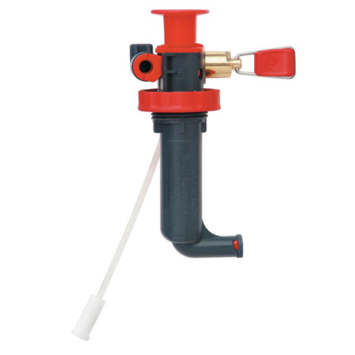 Una válvula de llenado con un cuerpo gris oscuro, tapa roja y manija refleja el elegante diseño de la bomba de combustible MSR. Incluye un tubo de entrada vertical y un mecanismo de flotador blanco largo para controlar el flujo de agua del tanque del inodoro.