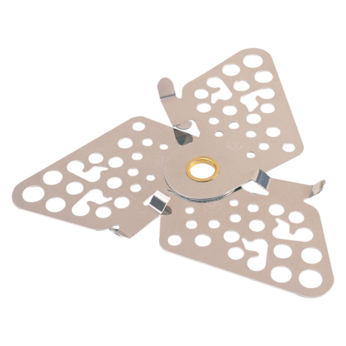 Figura metálica en forma de mariposa con varios orificios circulares y un pivote central de color dorado, que recuerda a la Tapa de Seguridad MSR Fuel Bottle (copia). Las alas simétricas parecen estar fabricadas en acero inoxidable.