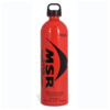 Botella de combustible MSR roja para acampar, con tapa de rosca negra y texto negro llamativo con el logotipo de la montaña. Diseñada para almacenar de forma segura 887 ml de combustible, es perfecta para tu aventura con MSR WhisperLite Universal o para cocinar en una cocina. Las advertencias de seguridad y los detalles de capacidad se muestran en la parte inferior.