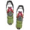 Un par de raquetas de nieve MSR Lightning Ascent 25 con armazón gris, fijaciones rojas para los pies, base verde, rieles de tracción de metal y correas seguras. ¡Ideales para los aventureros invernales!.