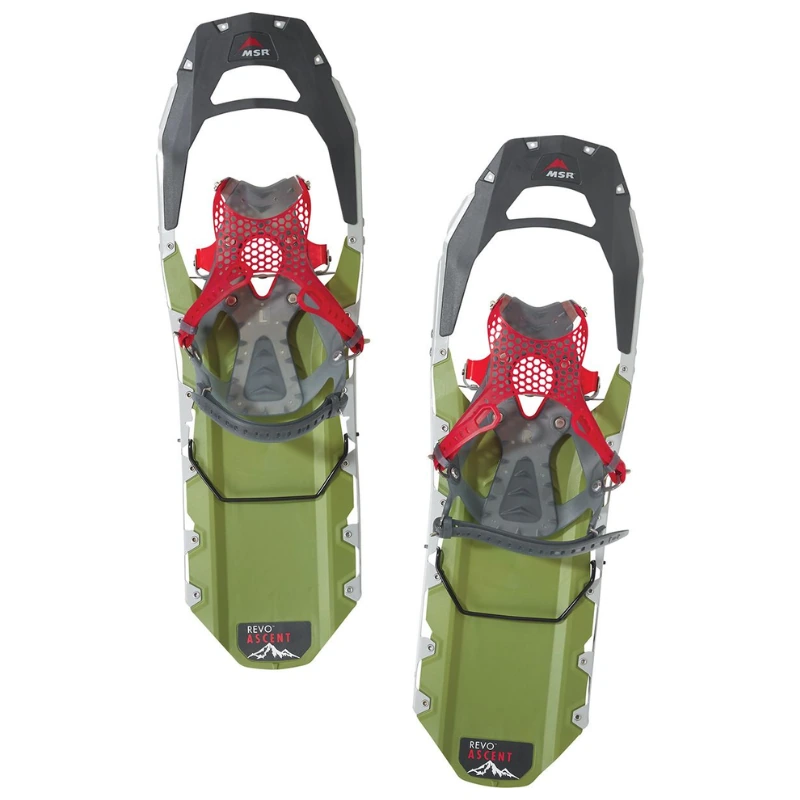 Un par de raquetas de nieve MSR Lightning Ascent 25 con armazón gris, fijaciones rojas para los pies, base verde, rieles de tracción de metal y correas seguras. ¡Ideales para los aventureros invernales!.
