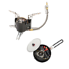 La estufa Cocinilla MSR WhisperLite Universal (copia) tiene brazos plegables y una línea de combustible conectada, con componentes cuidadosamente empaquetados en un estuche de transporte redondo negro con asa y tapa.