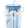 La bolsa de hidratación Platypus Big Zip EVO cuenta con un depósito translúcido con un tubo azul, un asa azul oscuro y elegantes detalles de puntos azules. Con la etiqueta "Big Zip EVO 3.0L 100 oz", ofrece practicidad y estilo para tus aventuras.