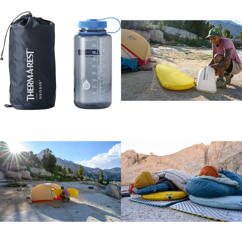 Imágenes de equipo para acampar: un saco de dormir lleno junto a una botella de agua, alguien inflando una colchoneta Therm-a-Rest NeoAir XLite NXT junto a una tienda de campaña en un terreno rocoso, una tienda de campaña con un paisaje de montaña y dos personas durmiendo en colchonetas con bolsas bajo el cielo nocturno.