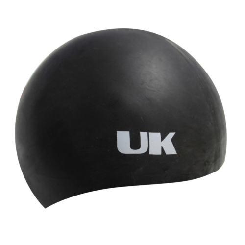 Un elegante Gorro de Natación Uk Time Sport Silicona en color negro con "UK" en blanco en el lateral, perfecto para nadadores que buscan destacarse con calidad.
