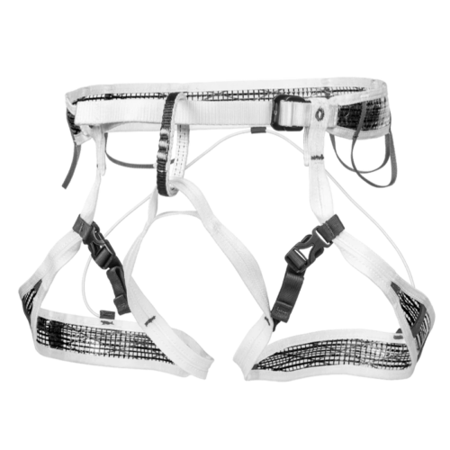 El modelo Arnés Grivel Easy (copia) en blanco y negro presenta un diseño minimalista con perneras, hebillas y portamateriales ajustables. Versátil y fiable, es ideal para diversas actividades de escalada.