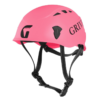 El Casco Grivel Salamander 2.0 de color rosa brillante presenta correas ajustables y ventilaciones de aire negras, con la palabra "GRIV" parcialmente visible en el costado, lo que realza su diseño elegante y suave.