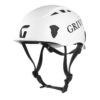 Un casco Grivel Salamander 2.0 blanco con ranuras de ventilación, correas de barbilla negras ajustables y la marca "Grivel" en el lateral, presenta un diseño elegante y clips de arnés de seguridad para una protección óptima.
