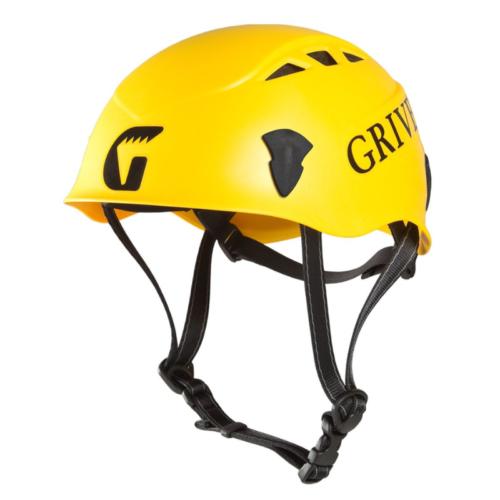 El Casco Grivel Salamander 2.0 es un elemento esencial para la escalada en color amarillo con correas ajustables negras y una hebilla, con orificios de ventilación en la parte superior y los laterales, complementados con un elegante logotipo y texto negros para brindar estilo y seguridad.