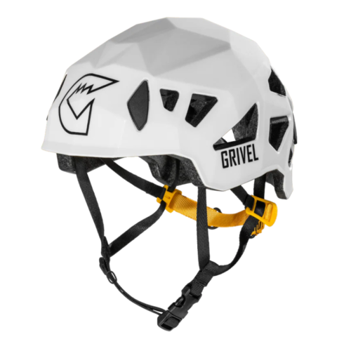El casco de escalada Casco Grivel Salamander 2.0 (copia) presenta un diseño geométrico elegante con orificios de ventilación negros, el logotipo de GRIVEL en el lateral y una correa de barbilla negra acentuada por una sección ajustable amarilla distintiva para un ajuste seguro y con estilo.