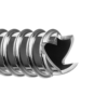 Primer plano de un brillante tornillo para hielo Petzl Laser Speed (copia), que muestra su diseño helicoidal con un extremo parcialmente redondeado y abierto. La superficie metálica brilla contra el fondo blanco liso.