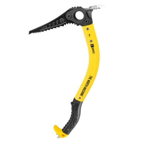 El Piolet Técnico Grivel The North Machine Carbon (copia) es un piolet de color amarillo y negro, con mango curvado, hoja dentada, empuñadura y logotipos negros, diseñado para escalada y montañismo.