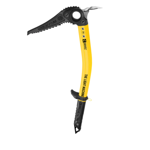 El Grivel X Monster Tool (copia) es un piolet técnico amarillo y negro para escalada, que cuenta con un mango ergonómico con marca, un eje curvado y una punta afilada con una azuela en la cabeza para ascensos eficientes.