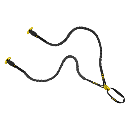 Cuerda elástica flexible negra y amarilla con clips en los extremos y una correa central, tan versátil como Barras para Crampones Grivel Valter Long Bar (copia). Su diseño elástico en espiral es perfecto para asegurar o ajustar objetos.