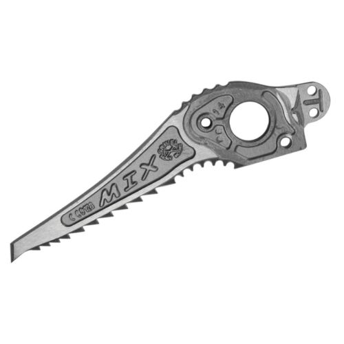 La pica de reemplazo Grivel Ice Blade para piolets técnicos (copia) es una pica de metal con filo dentado y orificio de fijación, que lleva el texto y el logotipo "C-Tina MIX". Sus ranuras y patrones detallados mejoran el agarre y la utilidad.