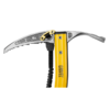 Primer plano de un piolet amarillo y plateado con una punta dentada. El mango "GRIVEL" incluye una correa con bucle, que incorpora la Correa Doble Elástica Grivel Double Spring Evo para mayor seguridad. La cabeza metálica presenta inscripciones, lo que garantiza la durabilidad.