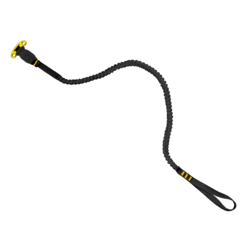 La Correa Doble Elástica Grivel Double Spring Evo (copia) cuenta con elástico negro con detalles en amarillo, un clip robusto, un asa de bucle y una sección enrollada tipo bungee para mayor flexibilidad y una fijación segura.