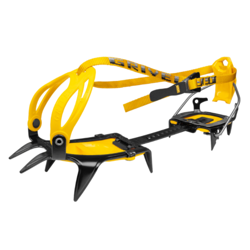 La vista lateral de unos crampones de montañismo Grivel Air Tech Light muestra su robusto diseño amarillo y negro con puntas metálicas afiladas y correas ajustables, elaborados para escalada en hielo.