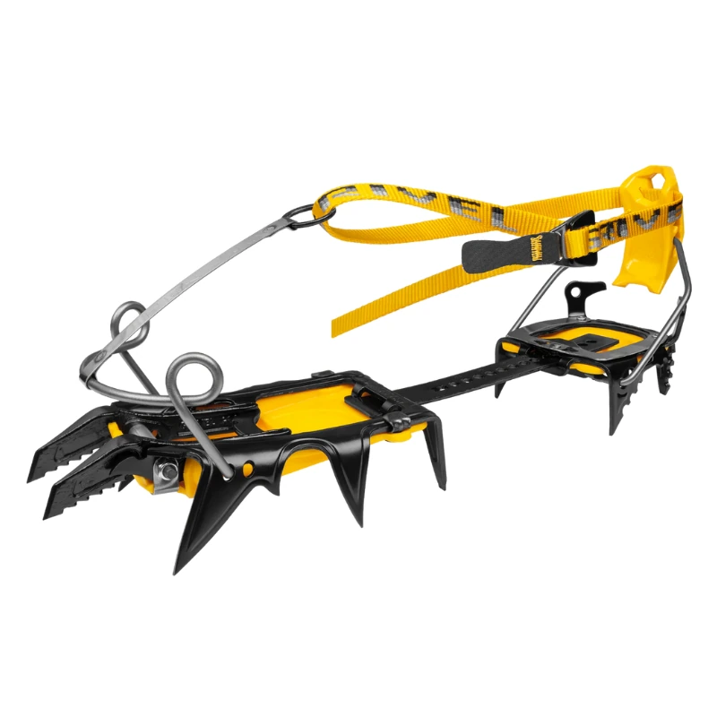 Crampones de escalada Grivel G14 de color amarillo y negro con marco de metal y correas ajustables, ideales para alpinismo técnico en hielo y nieve.