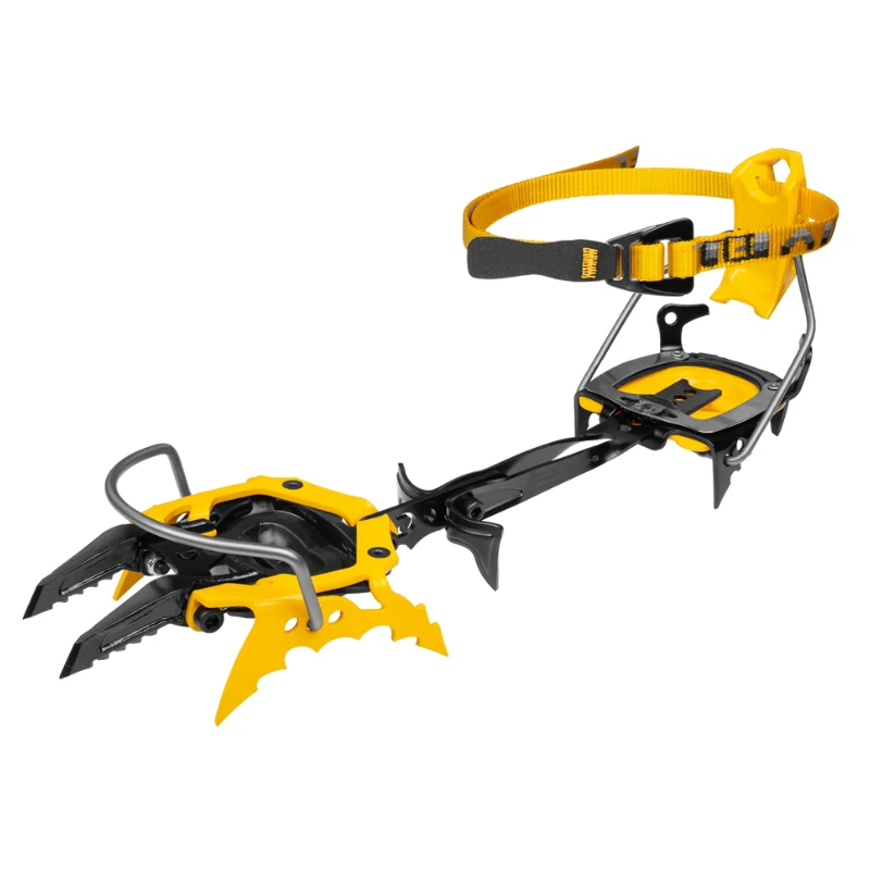 Los Crampones de Escalada Mixta Grivel G20 Plus (copia) son herramientas de escalada indispensables de color amarillo y negro con puntas de metal afiladas y correas ajustables, que brindan una excelente tracción en hielo o nieve para abordar terrenos desafiantes de escalada mixta.