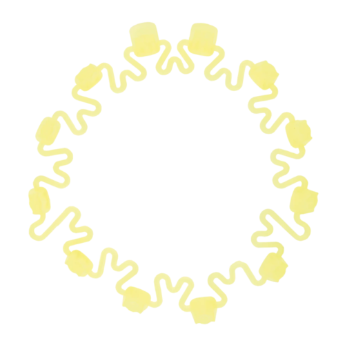 Un patrón circular de líneas onduladas amarillas, similar al diseño de la Bolsa para Crampones Grivel Crampon Safe, unidas por pequeñas formas abstractas similares a sombreros sobre un fondo blanco liso.