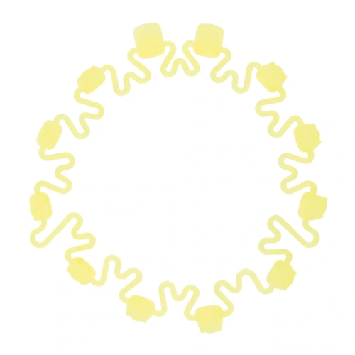 Un patrón circular de líneas onduladas amarillas, similar al diseño de la Bolsa para Crampones Grivel Crampon Safe, unidas por pequeñas formas abstractas similares a sombreros sobre un fondo blanco liso.