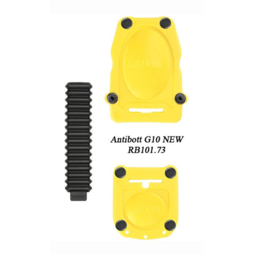Presentamos el Grivel Antibott G10 New RB101.73 con el Soporte Delantero Grivel Com Sab Front Bail 2x copia, que presenta placas de color amarillo brillante con remaches negros para evitar la acumulación de nieve y una elegante barra flexible estilo acordeón negra para una fijación segura.