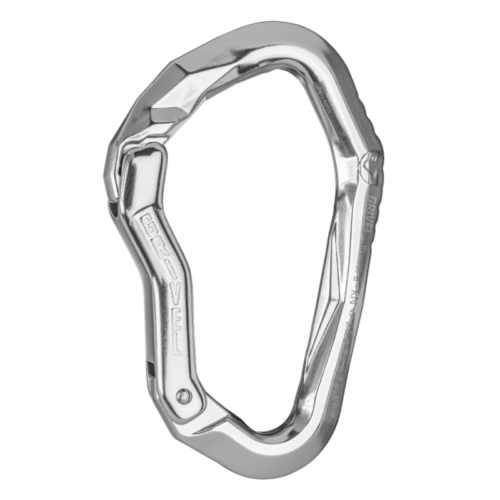 El Mosquetón Grivel Stealth es un mosquetón plateado con diseño ergonómico, texturizado y gatillo seguro. Lleva grabado "GRIVEL" en su lateral, ideal para escalada o actividades al aire libre, perfecto para amantes de la aventura.