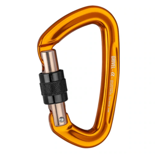 El Mosquetón de Seguridad Grivel K1 presenta un color naranja vibrante con una puerta con cerradura de tornillo negra para mayor seguridad, sobre un fondo blanco liso.